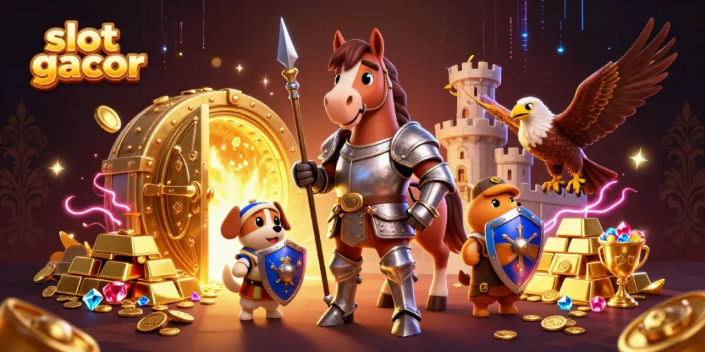 Putaran slot gacor membawa keberuntungan dengan harta karun berkilauan yang mengelilingi karakter heroik.
