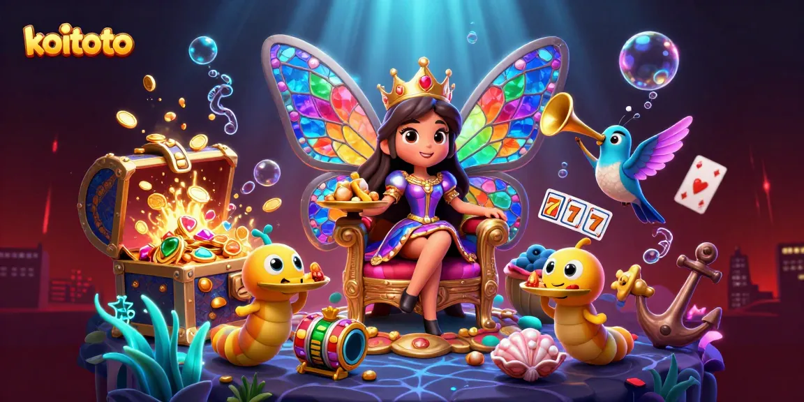 Koitoto menghadirkan ilustrasi kasino dengan ratu kupu-kupu 3D dan elemen permainan slot yang berkilauan dan menawan.