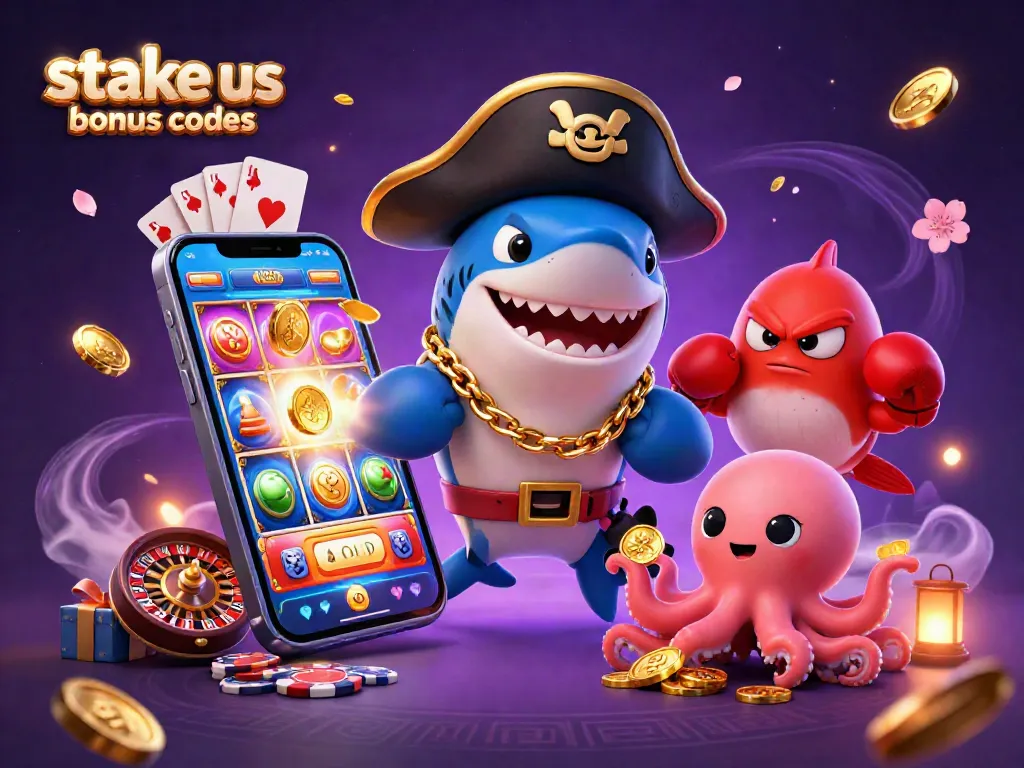 Play and win big with stake us bonus codes in this vibrant casino scene featuring fun characters.