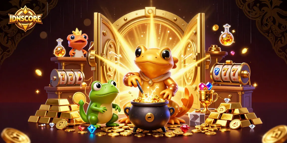 IDNSCORE introduces a vibrant casino experience filled with gold coins, slot reels, and playful characters.