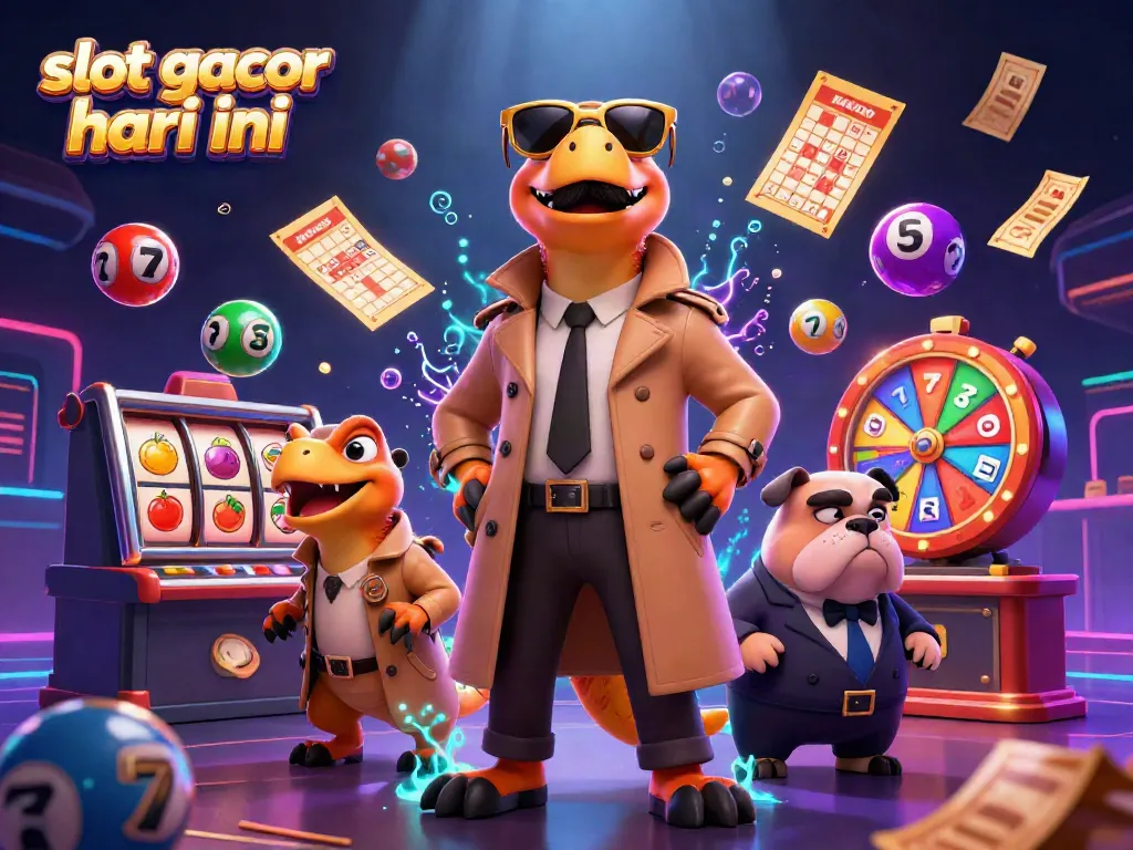 Ilustrasi slot gacor hari ini dengan tiga raptor dalam jas, bertujuan memasuki lounge VIP kasino.