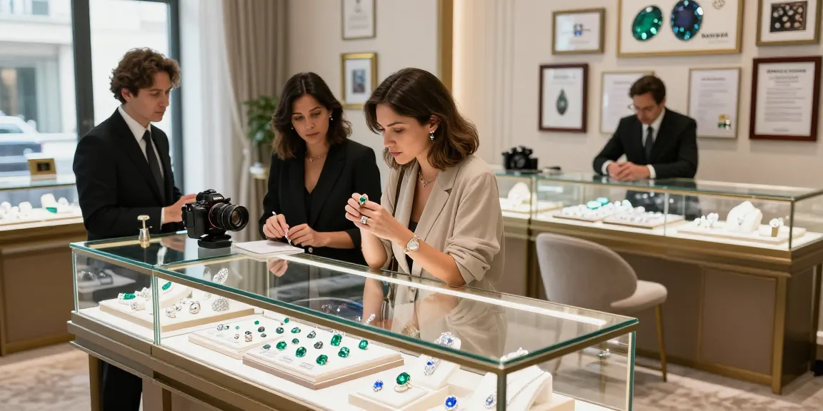 Shopper discovering gemstones at https://www.mygemspot.com in a luxurious jewelry showroom surrounded by exquisite pieces.