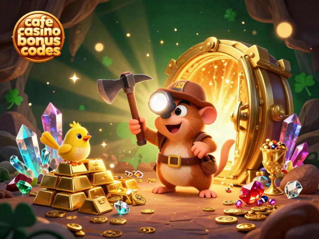 Engage with cafe casino bonus codes while exploring a colorful treasure cave illustration.