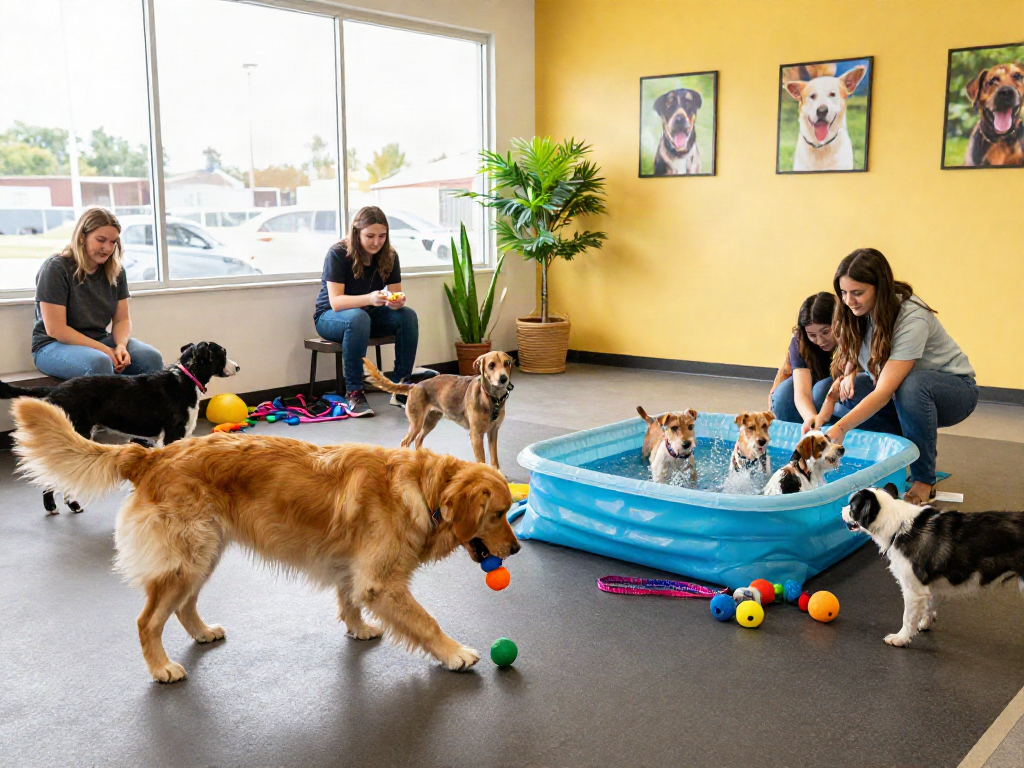 Engaging dog daycare scene featuring pets playing and staff interacting around depo 10k setups.