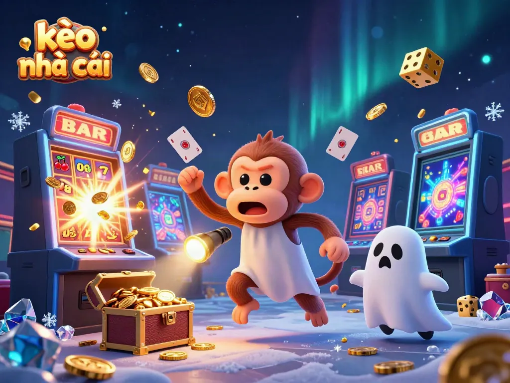 Catch the excitement of kèo nhà cái with this vibrant scene featuring a playful monkey and ghost-hunter puppy in a busy casino.