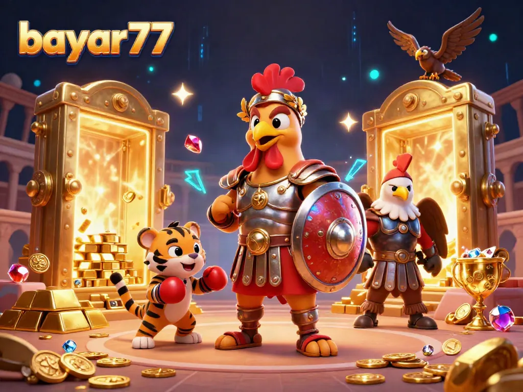 Experience seamless gaming with bayar77 in a vibrant 3D illustration filled with treasures.