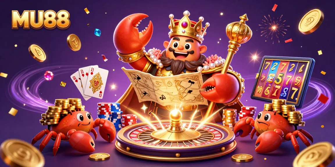 Join the excitement at MU88 with a golden crab emperor and cascading treasures in an animated casino scene.