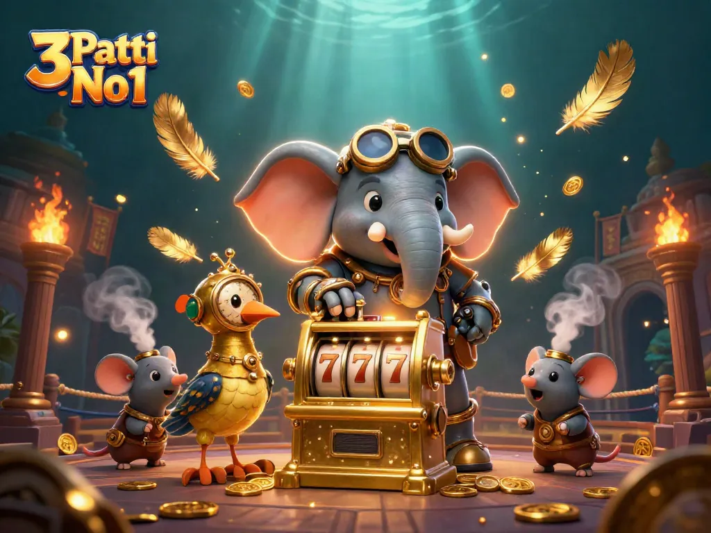 Engage with 3 Patti No1 in this vibrant scene featuring steampunk elements and golden slot gaming.