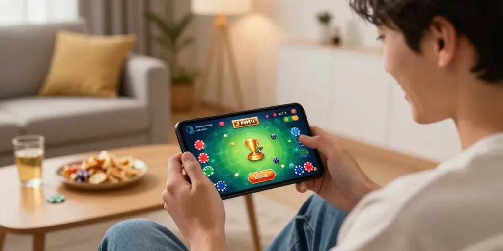 Player enjoying the 3 Patti No1 card game on Android, showcasing vibrant gaming elements and a cozy atmosphere.