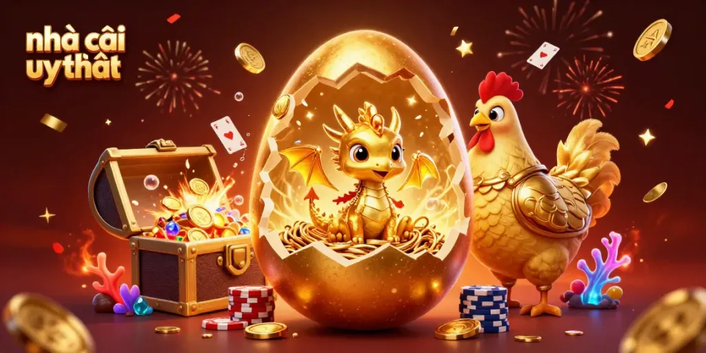 Experience the thrill of nhà cái uy tín with a vibrant 3D casino scene featuring a golden dragon and poker chips.