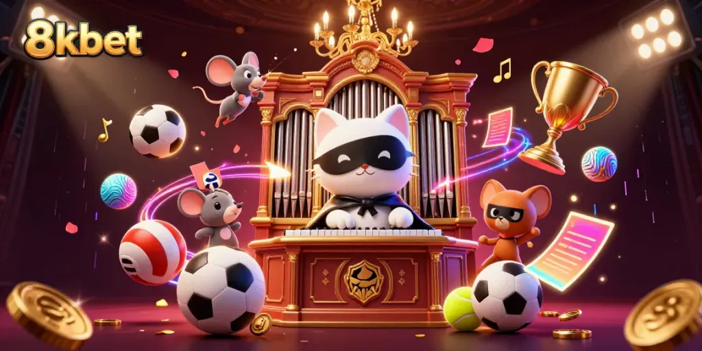 Experience the thrill of 8kbet with vibrant casino elements featuring a white cat and mouse acrobat.