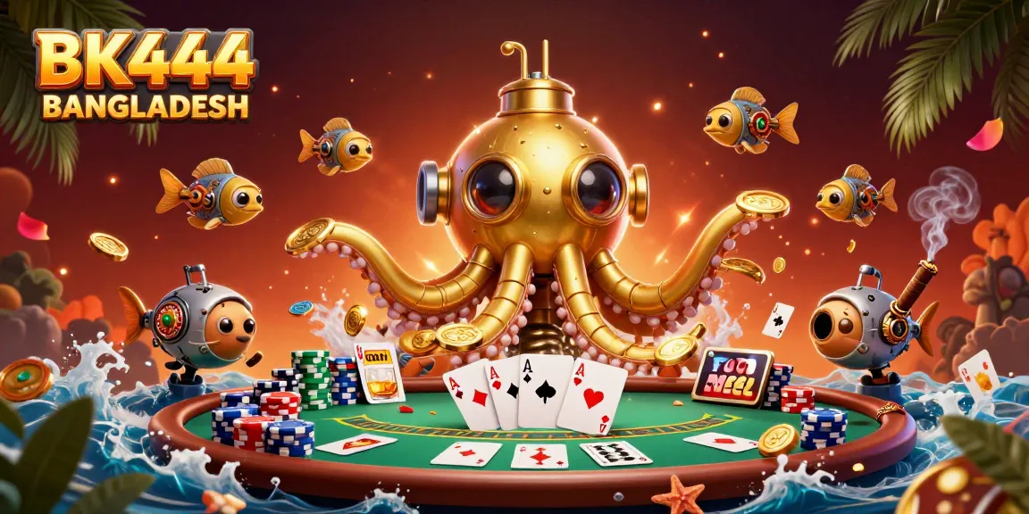 Engage with BK444 BANGLADESH, featuring a golden kraken submarine and poker elements in a vibrant casino scene