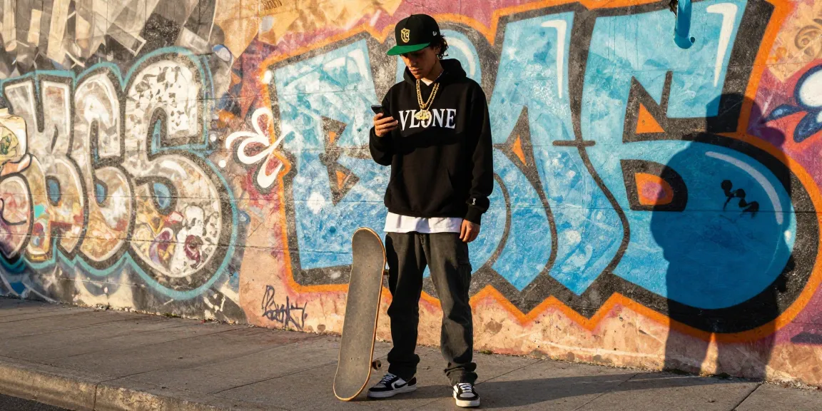 Stylish individual wearing a Vlone hoodie in front of graffiti art, capturing streetwear essence.