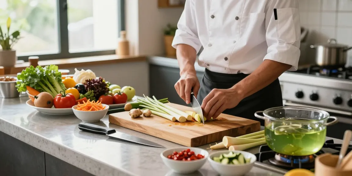 Chef skillfully preparing nutritious food with fresh ingredients, emphasizing balance and flavor in a vibrant kitchen setting, showcasing the benefits of ingredients like ginger and lemongrass.