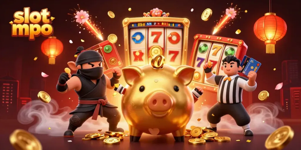 Create excitement with slot mpo as a golden piggy bank sumo wrestler dazzles with falling coins amid vibrant casino elements.