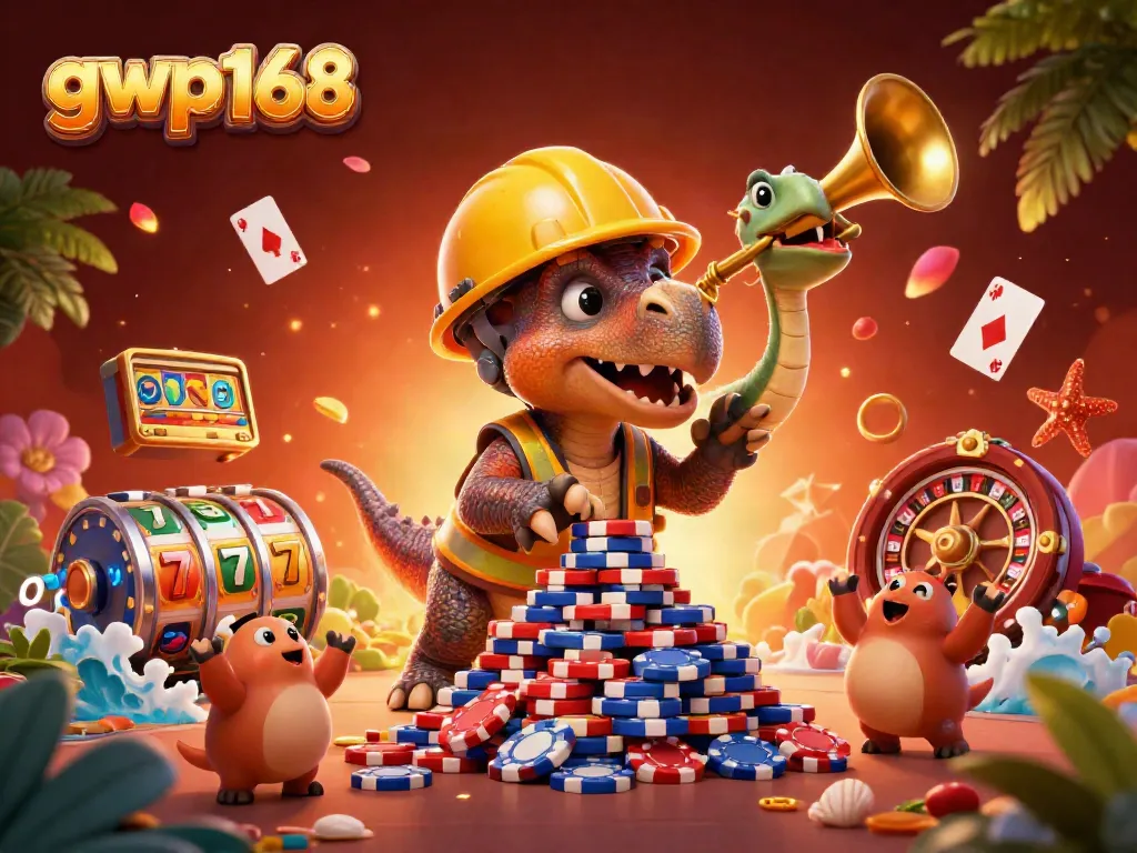GWP168, triceratops membangun tumpukan chip poker di tengah elemen kasino ceria.