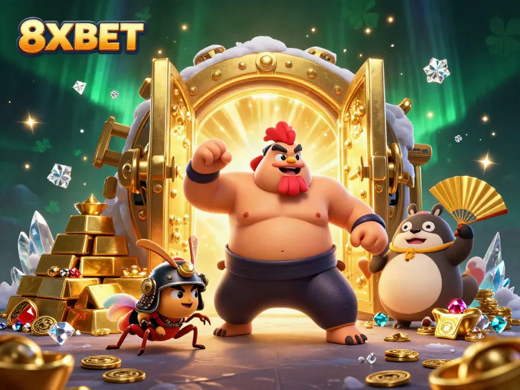 Engage with the dynamic world of 8XBET showcasing a powerful sumo wrestler rooster, a fierce cricket samurai, and a tanuki announcer amidst gold and jewels.
