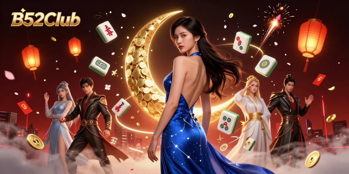 B52Club showcases thrilling gaming experiences with elegant Asian woman and festive elements.