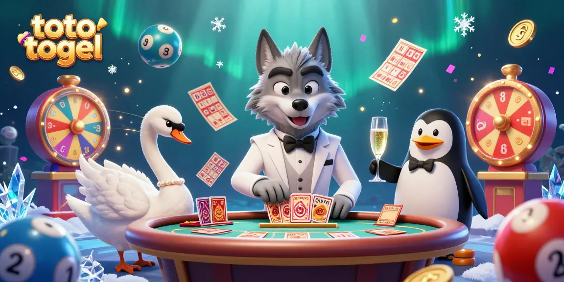 A dynamic scene depicting a 3D cartoon debonair wolf and friends showcasing the excitement of playing toto togel with lottery games.