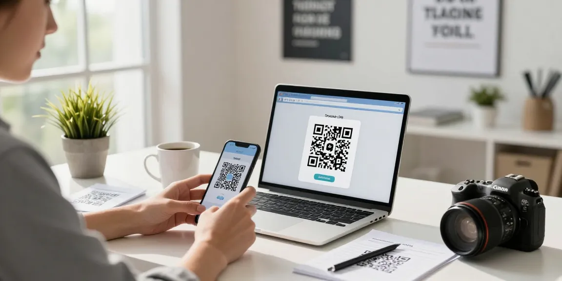 Scan QR code online using smartphone camera in a bright home office.