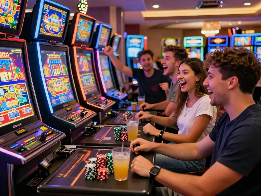 Friends celebrating while playing judi slot games in a modern casino.