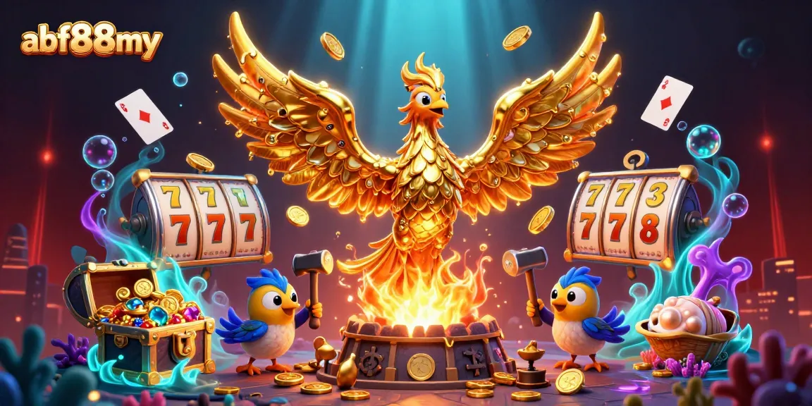 Spin and win at afb88my with a vibrant golden phoenix and dynamic slot game elements.