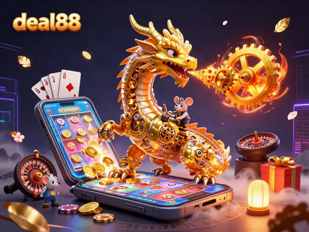 Engage with deal88's immersive slot experience through a vivid 3D illustration of a golden dragon.