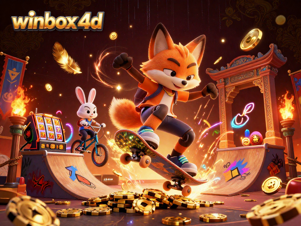 Engage with winbox 4d's thrilling energy featuring a skateboard fox and BMX rabbit amidst dazzling casino excitement.
