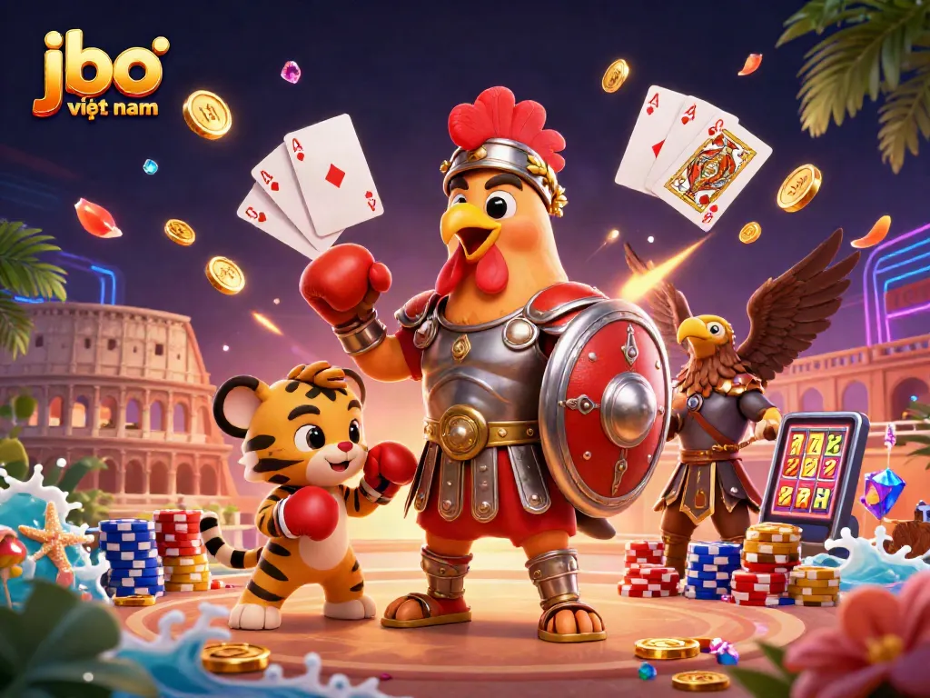 Experience thrilling action at jbo việt nam with a dynamic 3D scene of casino games and characters.