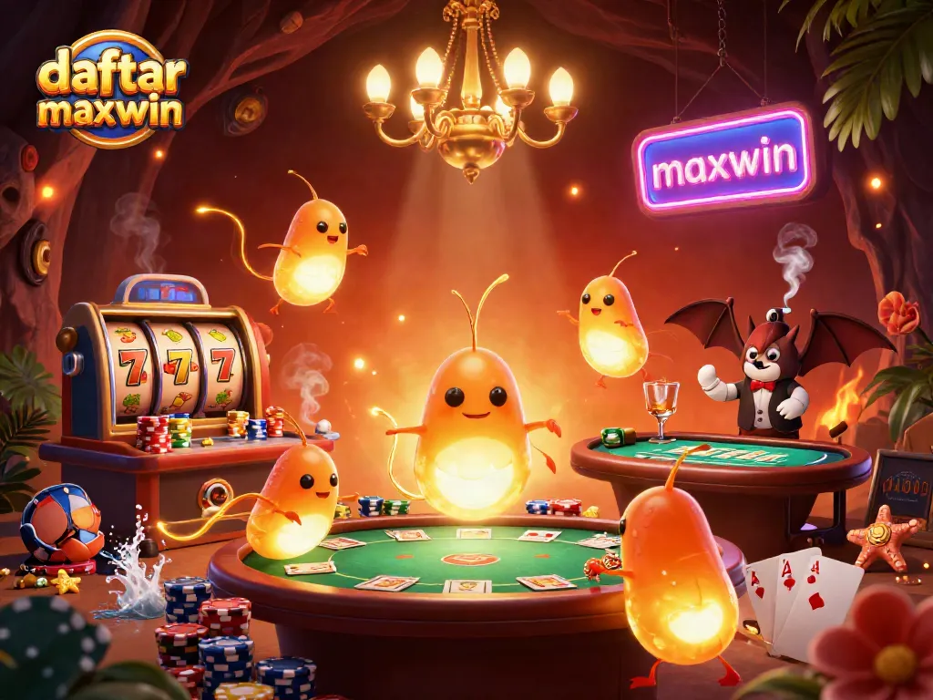 Permainan daftar slot maxwin bersinar dengan cahaya emas dari cacing bercahaya, dealer kelelawar, dan elemen kasino penuh warna.
