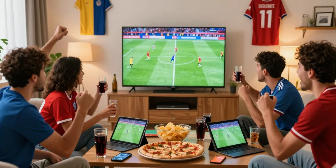 Friends celebrating مباريات اليوم in a lively living room with snacks and excitement.