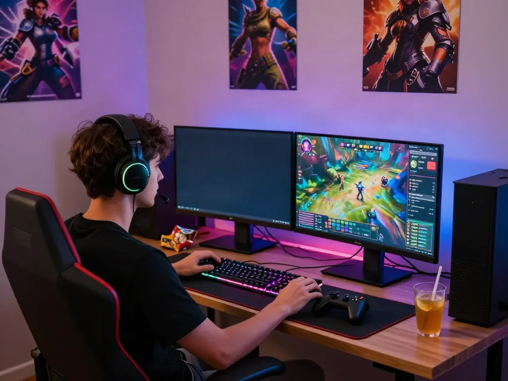 A young gamer deep in action with akunjp-themed graphics in a vibrant room.