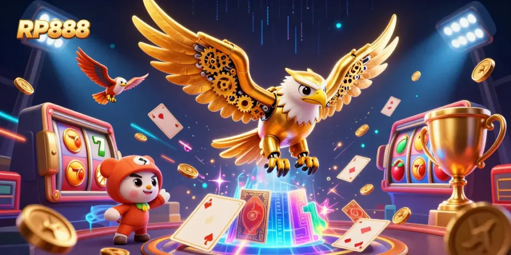 Experience RP888 with an electrifying scene featuring a cybernetic eagle amidst vibrant casino elements.