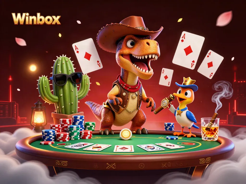 Engage your luck at Winbox with a vibrant casino-themed cartoon scene featuring poker elements and colorful characters.