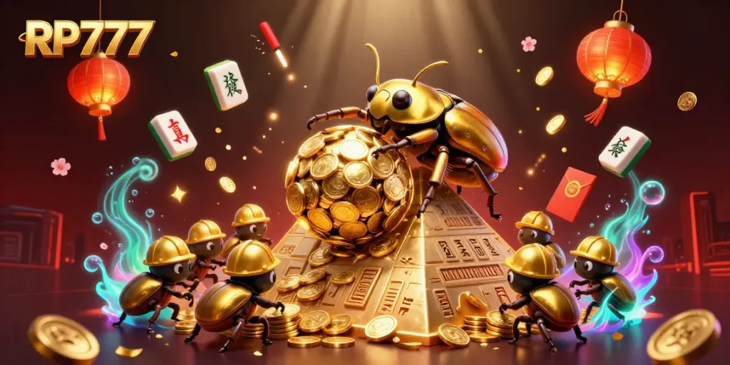 Experience the thrill of casino games with RP777, highlighted by dazzling golden beetles and dynamic gameplay elements.