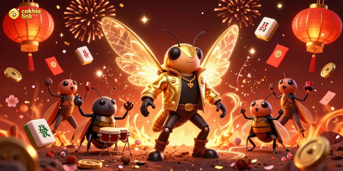 Celebrate with cakhia link as the rock star cicada performs amidst dynamic gambling symbols and festive decor.