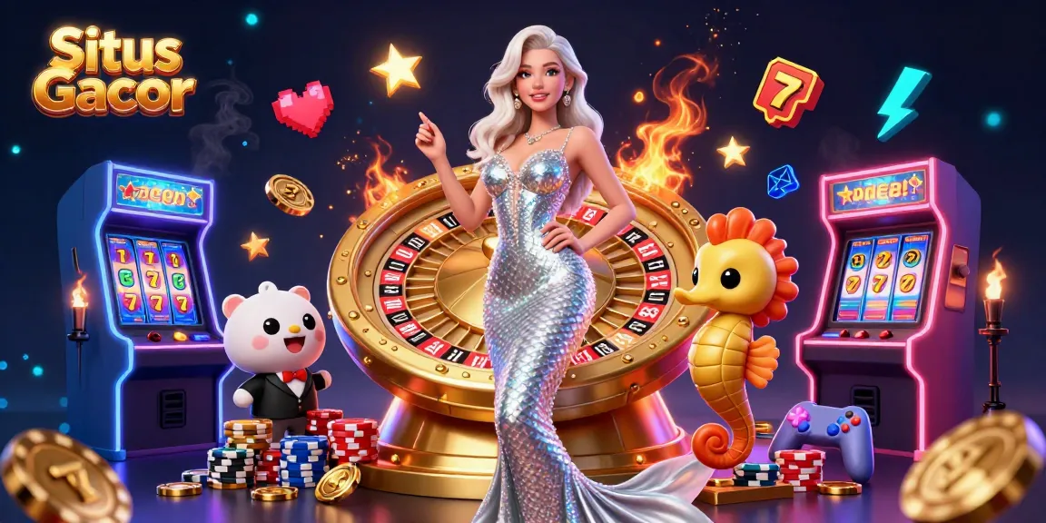 Situs Gacor showcases a glamorous gambling scene with a stunning woman by a roulette wheel, promising excitement.