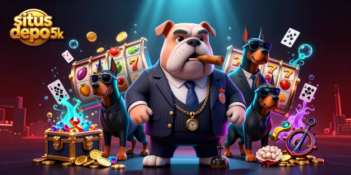 Experience thrilling winnings at situs depo 5k with a vibrant casino scene featuring a mafia bulldog and slot reels.