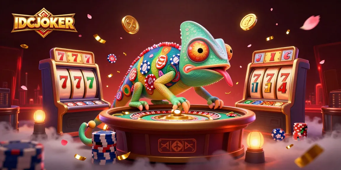 IDCJOKER chameleon owner in vibrant casino scene, capturing golden coins while surrounded by slot reels and jackpots