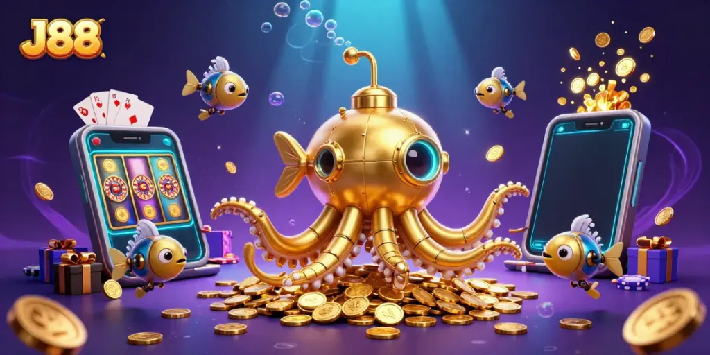 Immerse in J88's vibrant world of chance with a golden kraken and animated gaming elements.