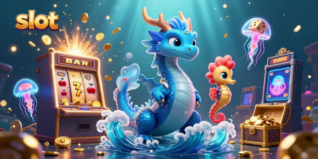 Engage with vibrant slot action featuring a dragon and seahorse amidst glowing jellyfish and cascading coins.