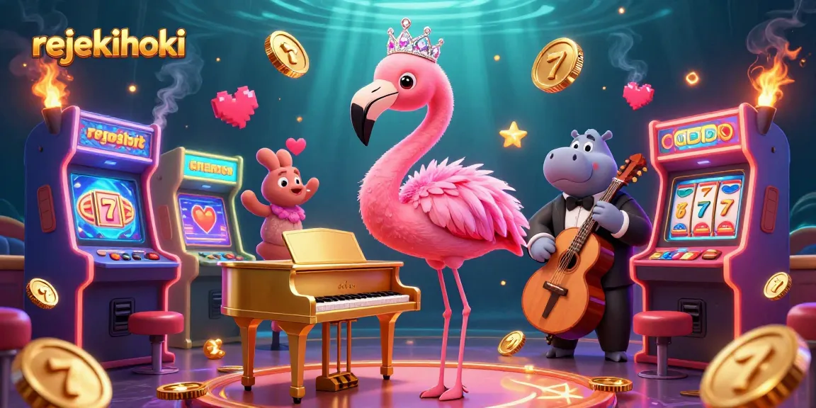 Engage in rejekihoki gaming excitement with fun characters at a vibrant casino scene.