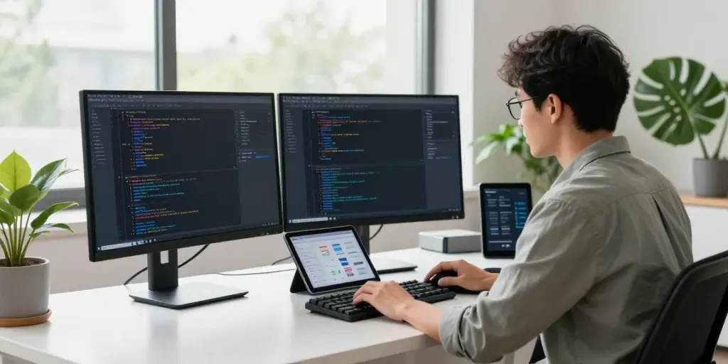 Developer engaged in software testing at a tech-focused workspace featuring https://jago108.com/ elements.