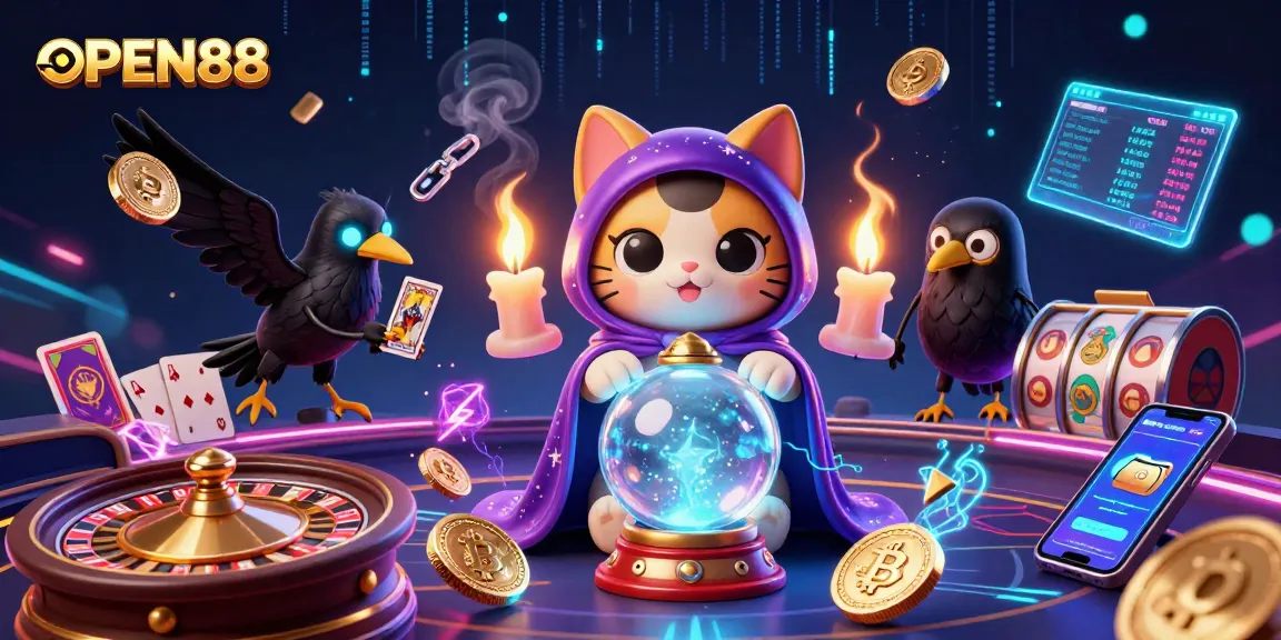Experience the excitement of OPEN88 with captivating casino elements, showcasing vibrant gaming scenes and mystical characters.