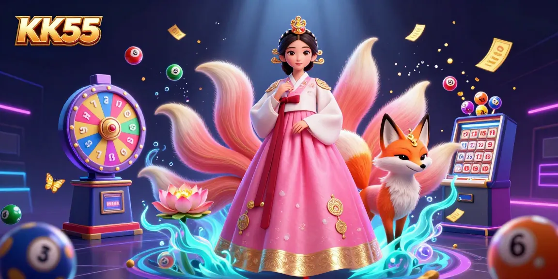 Engage with KK55 in an artistic 3D scene featuring a graceful Asian woman and a lucky fox amidst vibrant gaming elements.