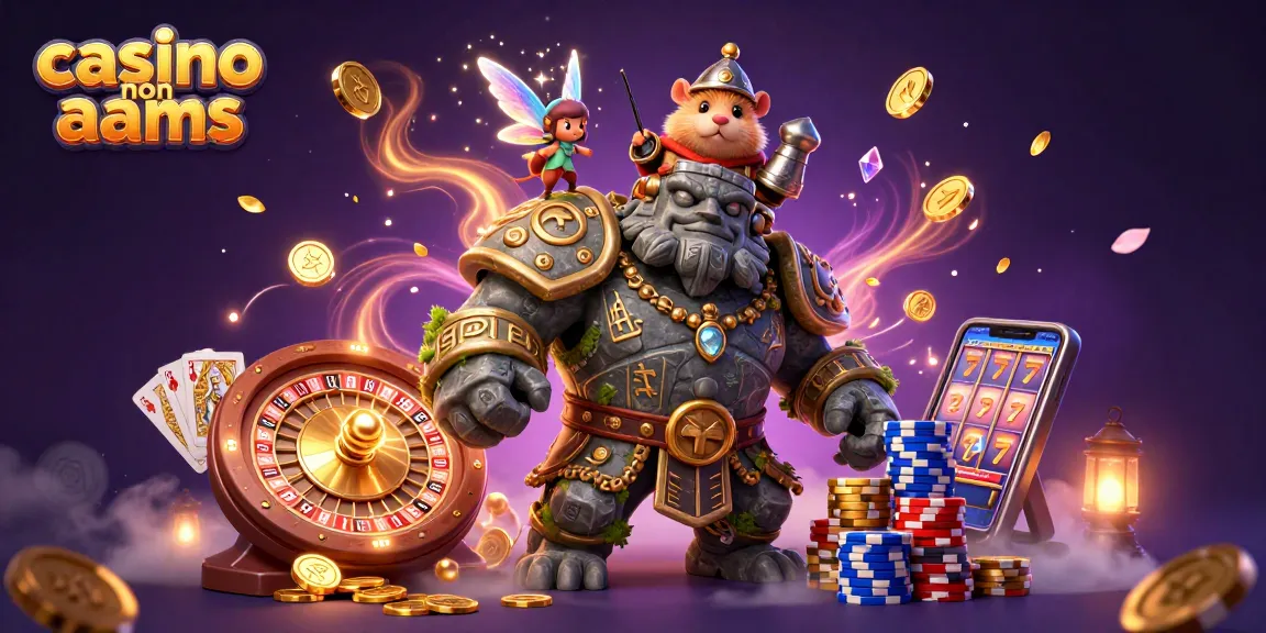 Scopri la magia dei casinò non AAMS con un golem di pietra guardiano, una fata e un cavaliere criceto circondati da giochi da casinò.