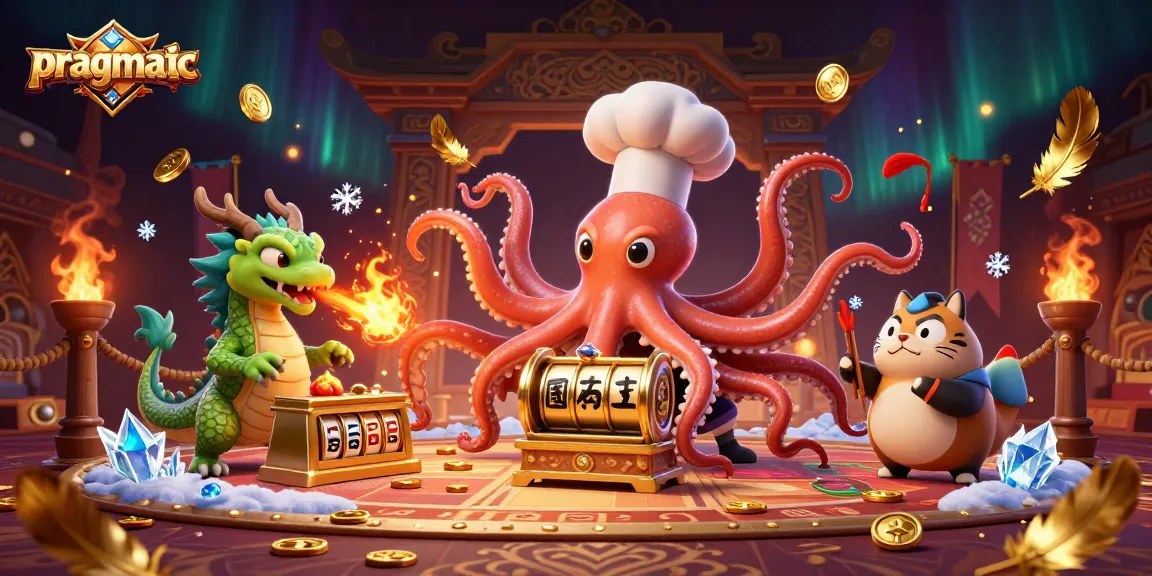 Engage with pragmatic slot games featuring a 3D octopus chef, golden reels, and vibrant casino elements.