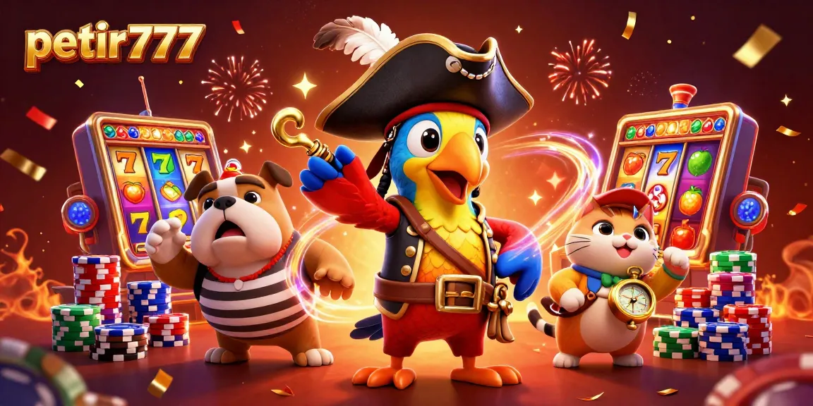 Engage with petir777's vibrant scene featuring a pirate captain, bulldog, and cat navigating slot machines.