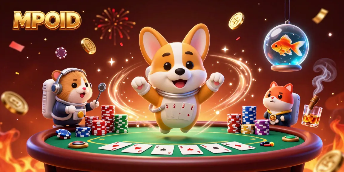 MPOID showcases a vibrant space station casino scene with a floating dog, hamster, and goldfish among poker elements.