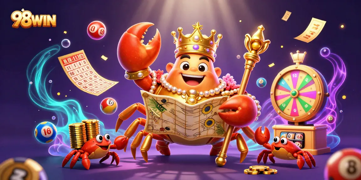 Win big with 98WIN's thrilling golden crab emperor in a vibrant casino scene.